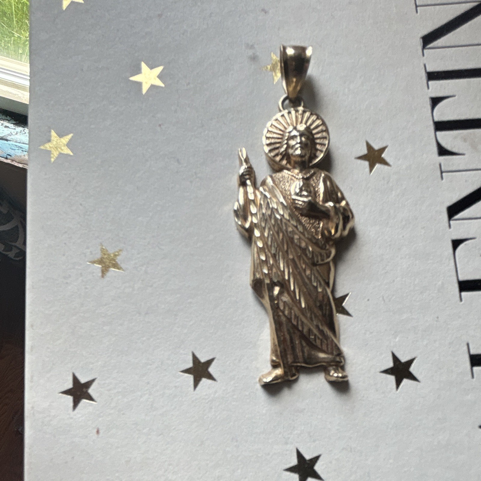 Gold Tone Religious Saint Charm Pendant, Asymmetrical Metal, No Stone