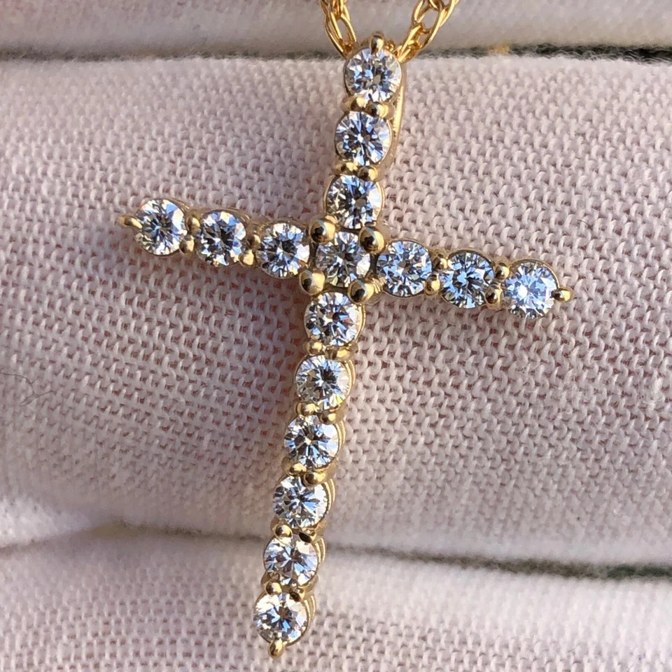 Lab Grown Diamond Real 14k Gold Cross Crucifix VS Pendant Necklace Near 1 Ct