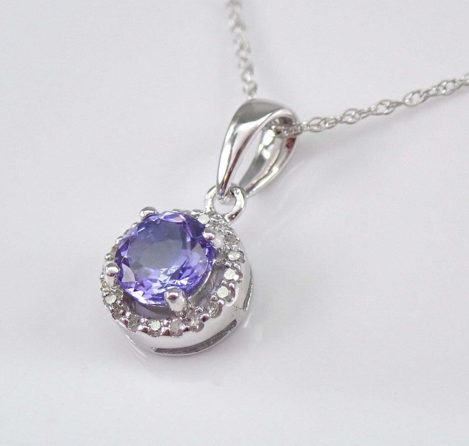 2Ct Round Cut Blue Tanzanite Halo Pendant Solid 14K White Gold Finish Free Chain