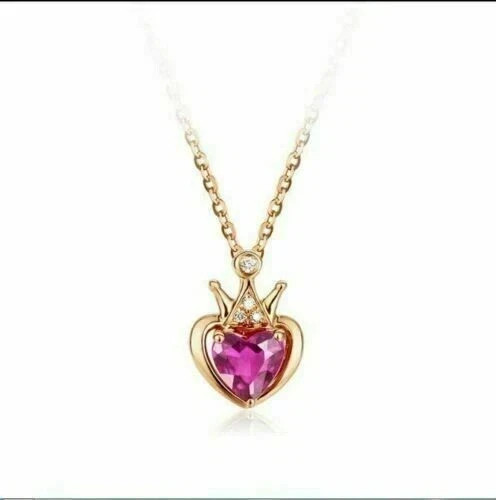 2Ct Heart Lab-Created Ruby Crown Diamond Women’s Pendant in 14K Rose Gold Plated
