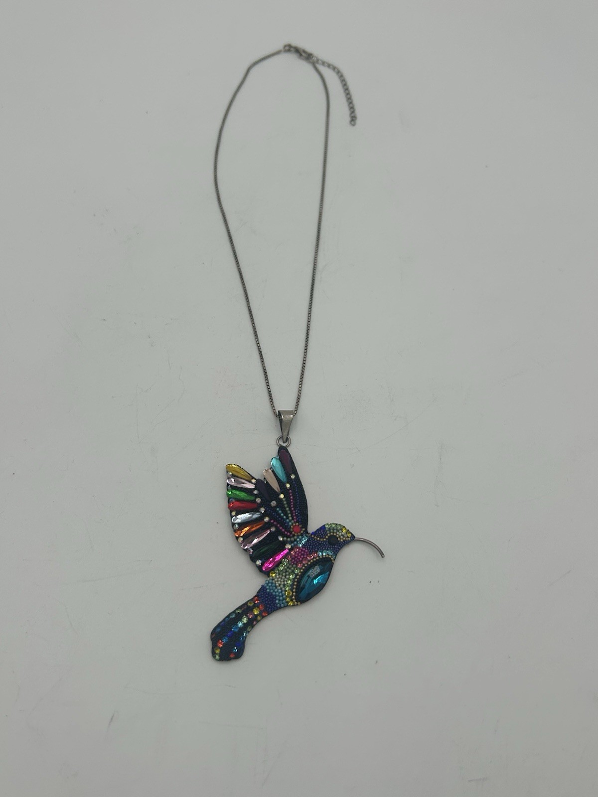 Mexico Sterling Silver Beaded Multi Colored Rhinestone Hummingbird Pendant 925