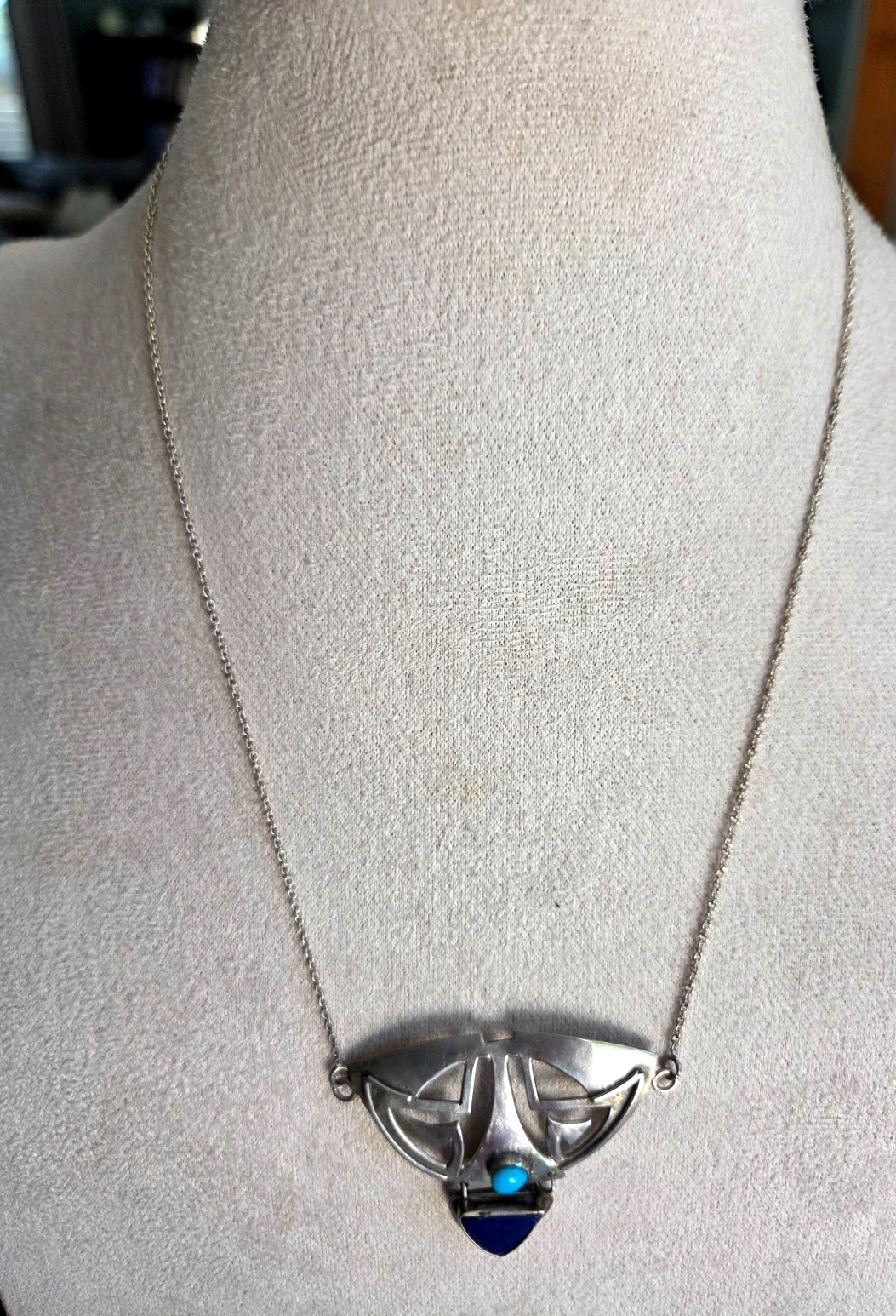 Deco Inspired Sterling Sierling Lapis & Blue Turquoise Station 18″ Vtg Necklace