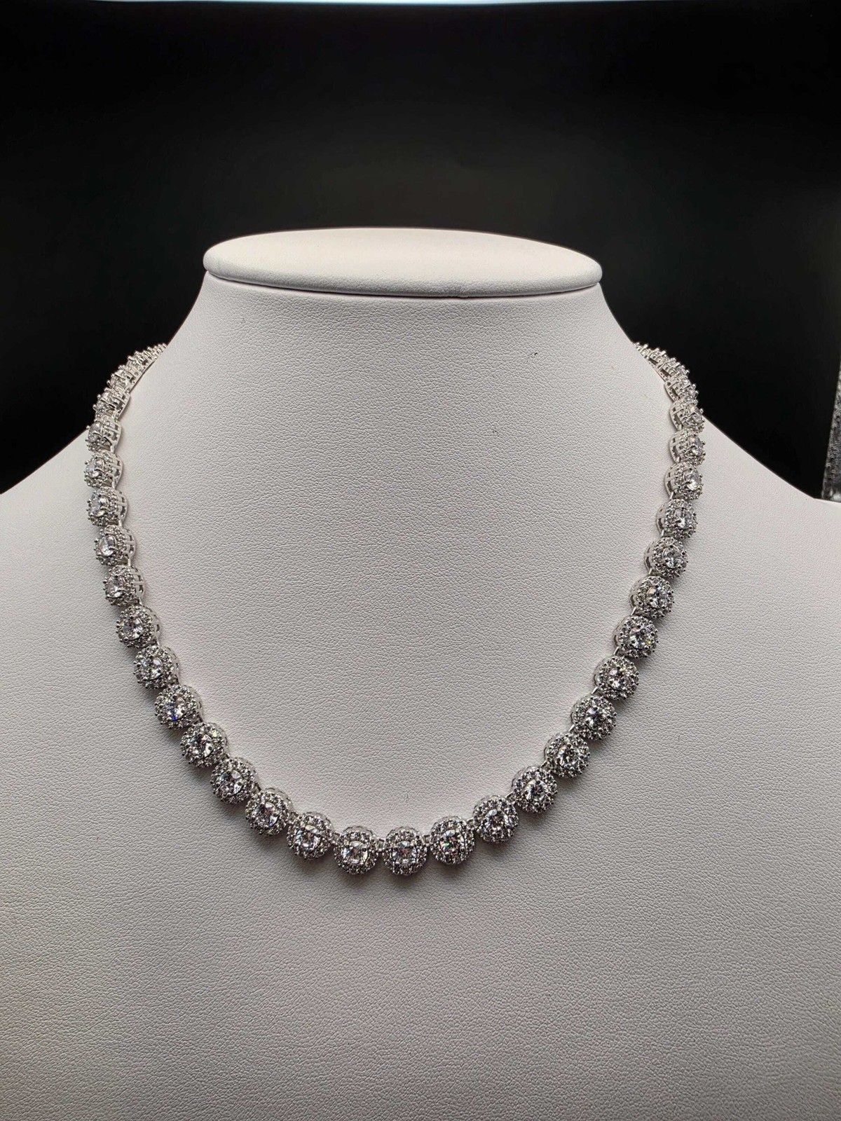 Sterling Silver Pave CZ Halo Tennis Necklace | 925 Silver 16 Inch .25 Inch Wide