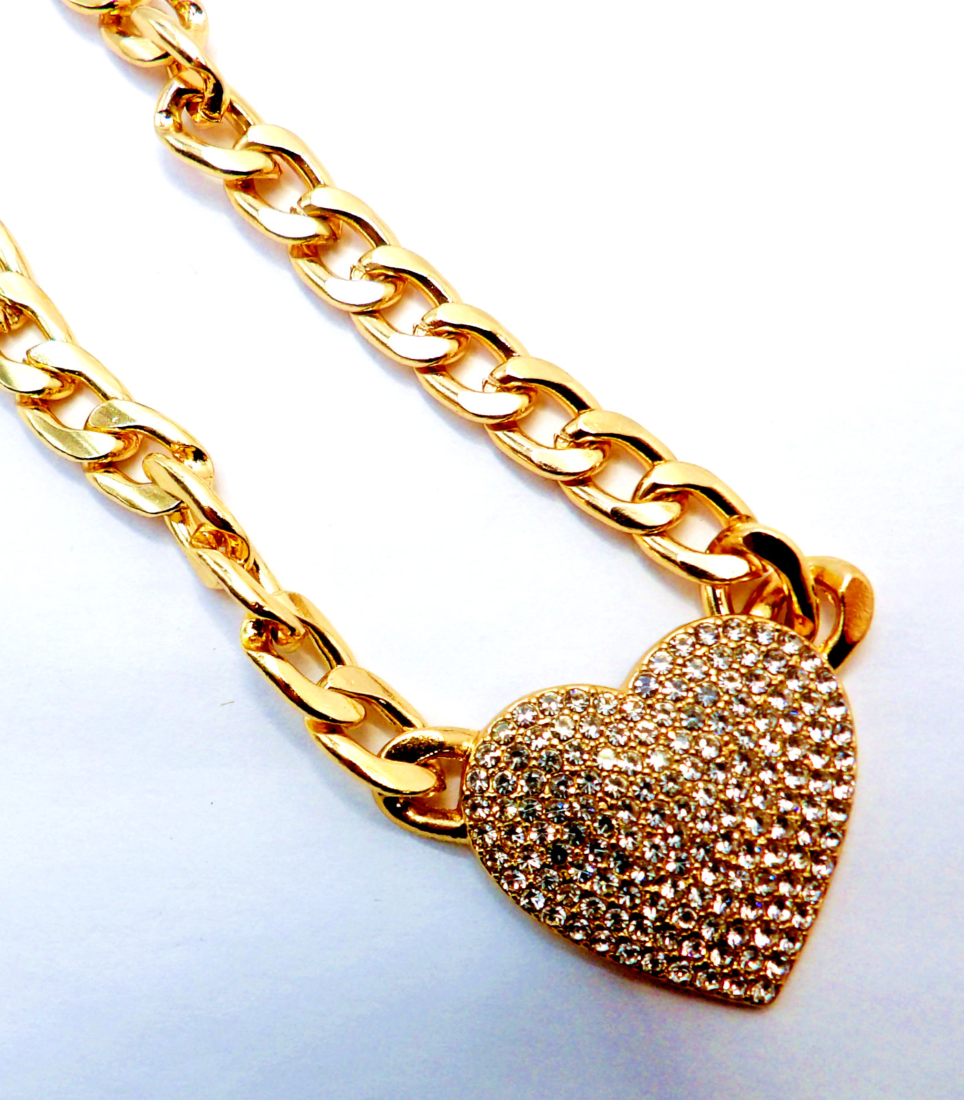 Gold Tone Heart Pendant Necklace Rhinestone Pave Curb Chain Fashion Jewelry