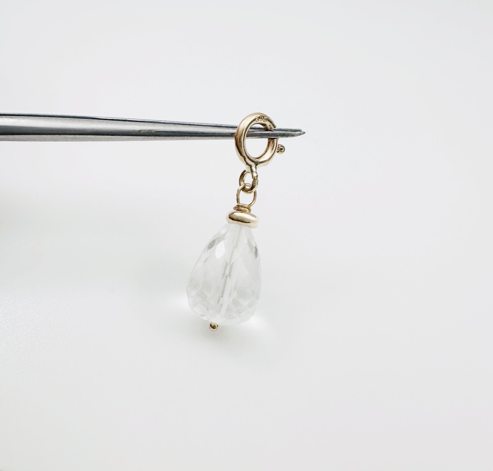 14K Solid Yellow Gold Small Clear Quartz Briolette Charm Pendant w/Spring Clasp