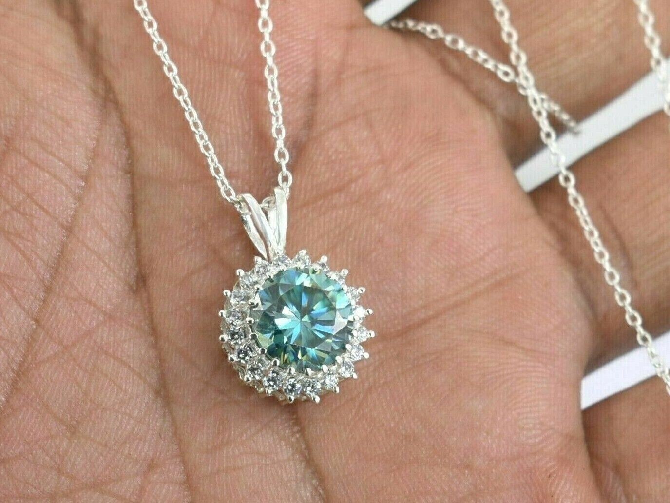 14K White Gold Plated 1.30Ct Round Cut Aquamarine Lab-Created Women’s Pendant
