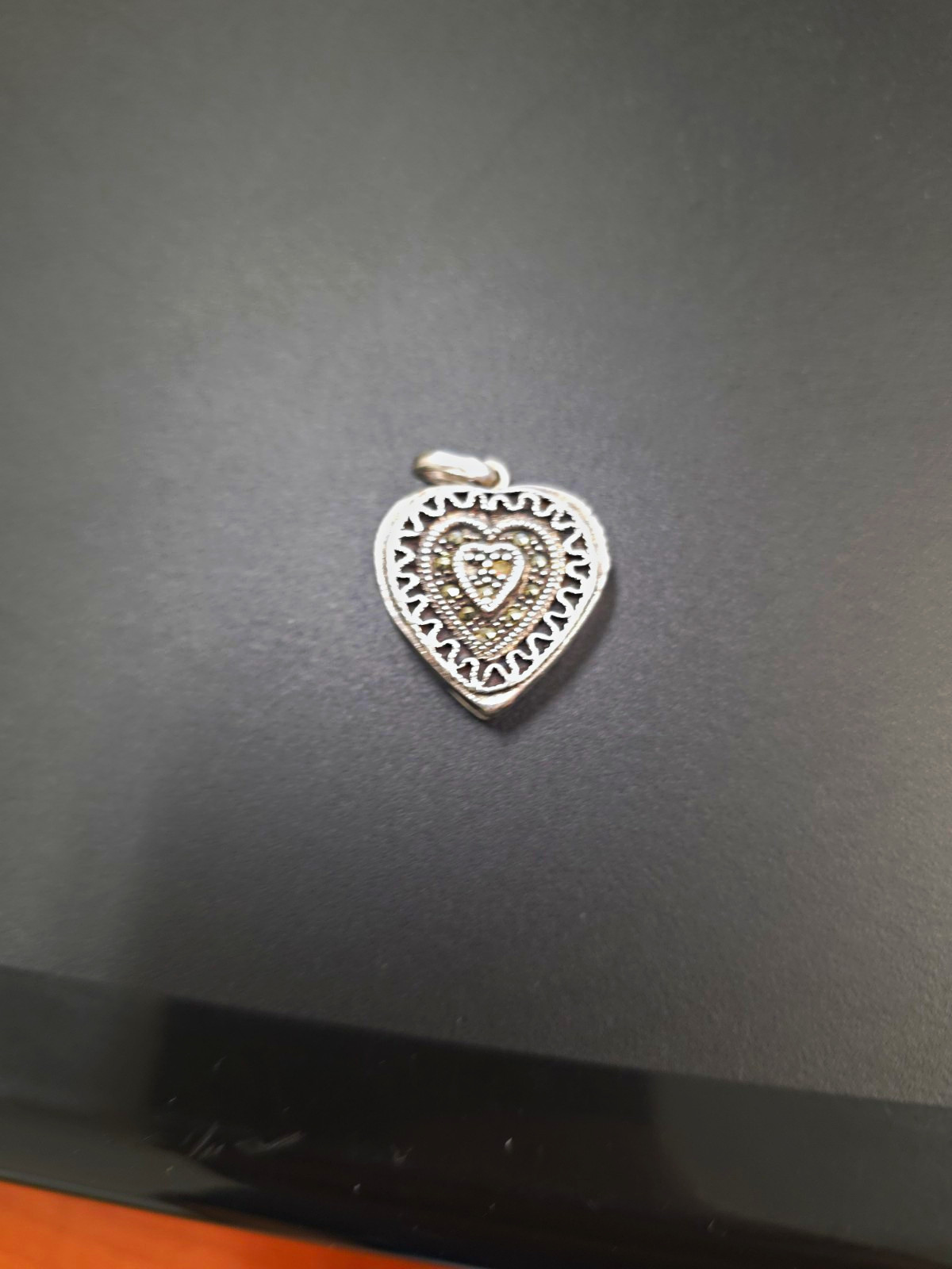 925 Sterling Silver Heart Locket Pendant w/ Round Gray Marcasite, Love