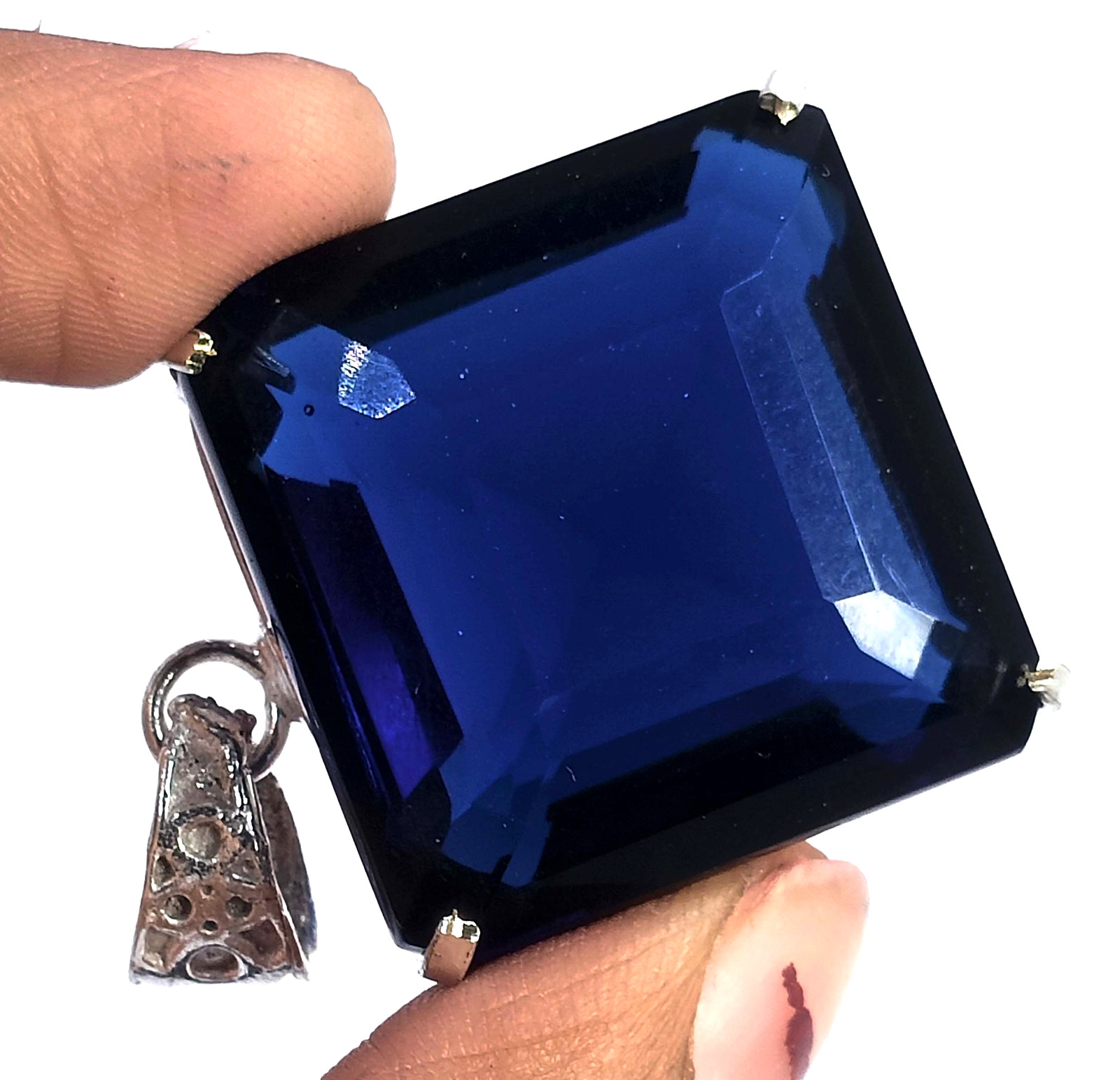 98 Ct Natural Blue Sapphire Emerald Cut Pendant 925 Silver Whit Free Chain 6AGF