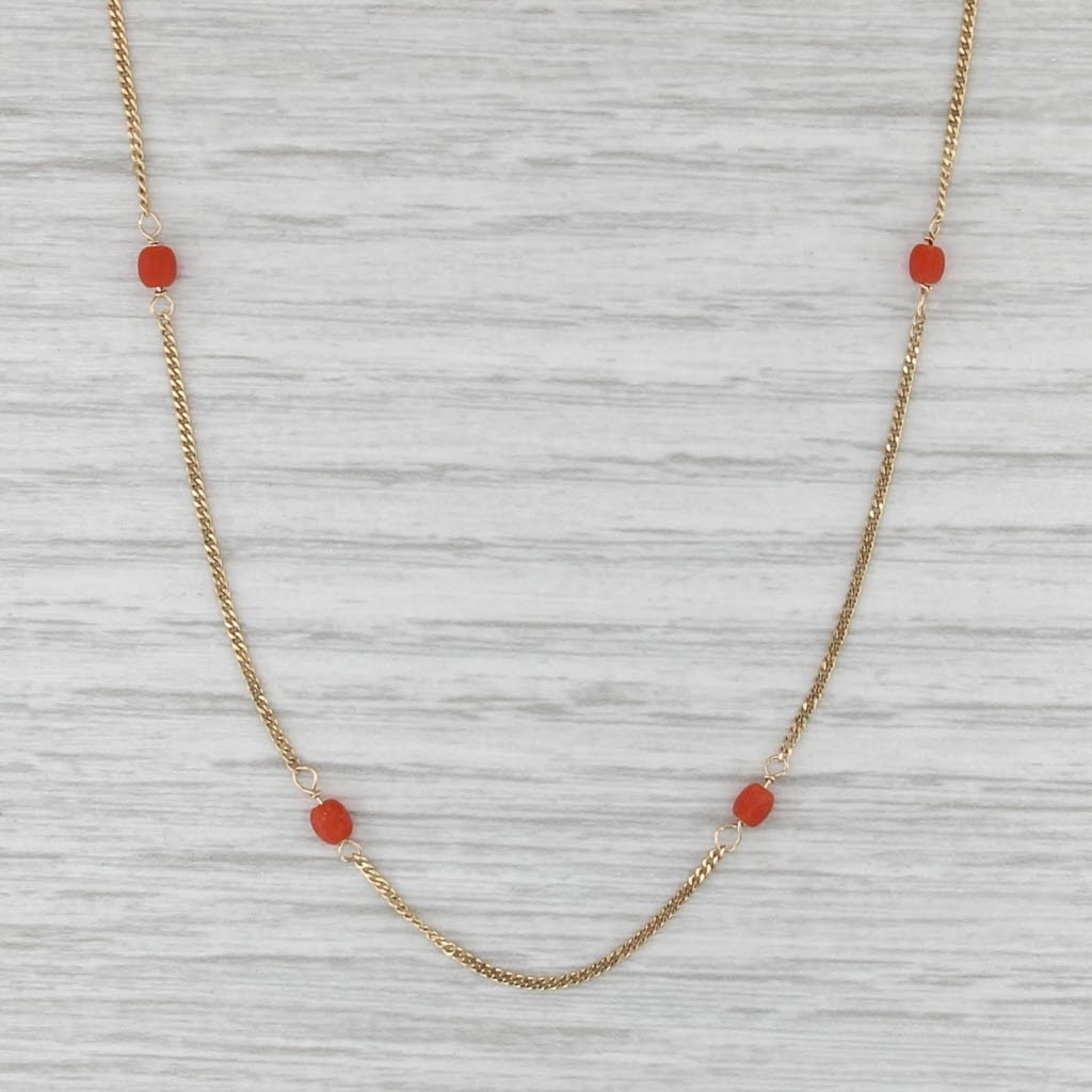 Vintage Coral Station Necklace 18k Yellow Gold 16″ Curb Chain