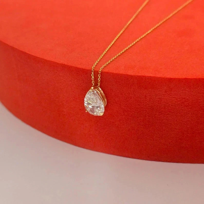 3 Ct Pear White Moissanite 14K Yellow Gold Plated Women Fancy Pendant
