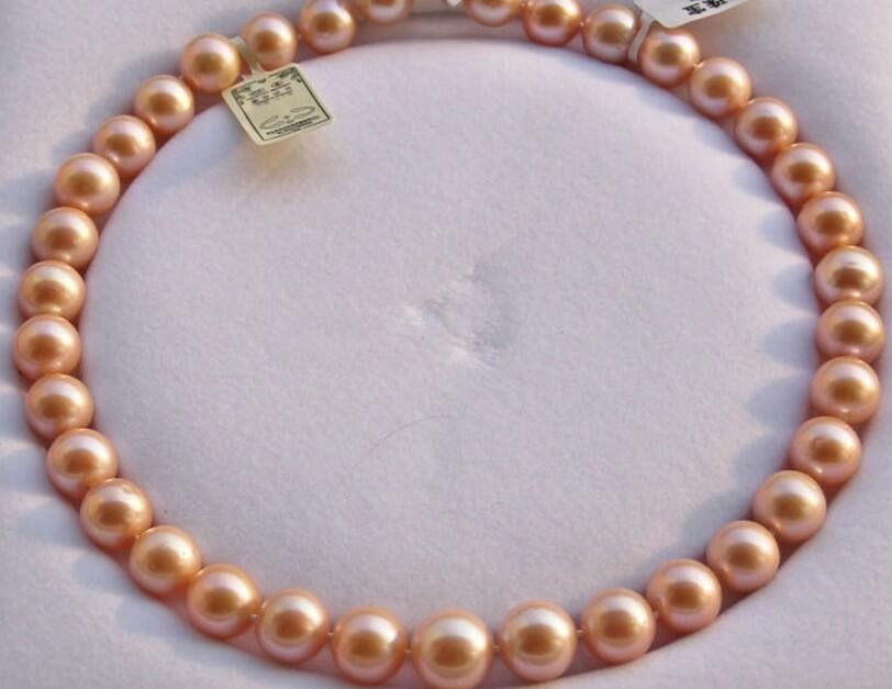 Charming 17″12-15mm Natural South Sea Genuine Gold Pink Round Pearl Necklace AAA