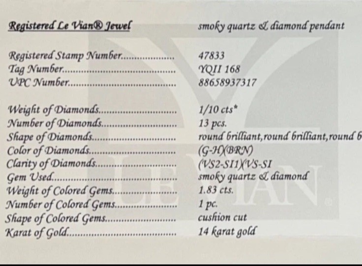 Le Vian 14kt Gold Diamond & Smoky Quartz Cushion Cut Pendant Necklace