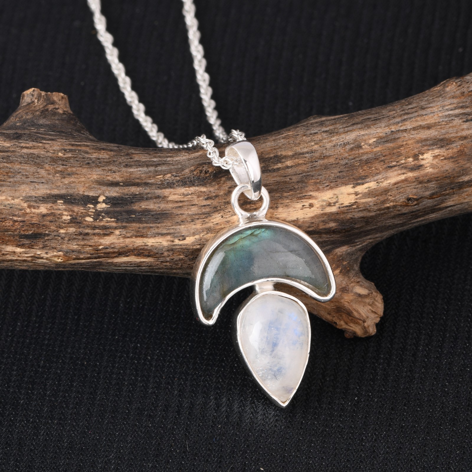 925 Sterling Silver Labradorite & Moonstone Necklace Crescent Jewelry for Gift