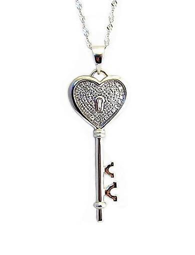 925 Sterling Silver Diamond Pendant Key To My Heart 1 1/2 Inch Drop .16ct