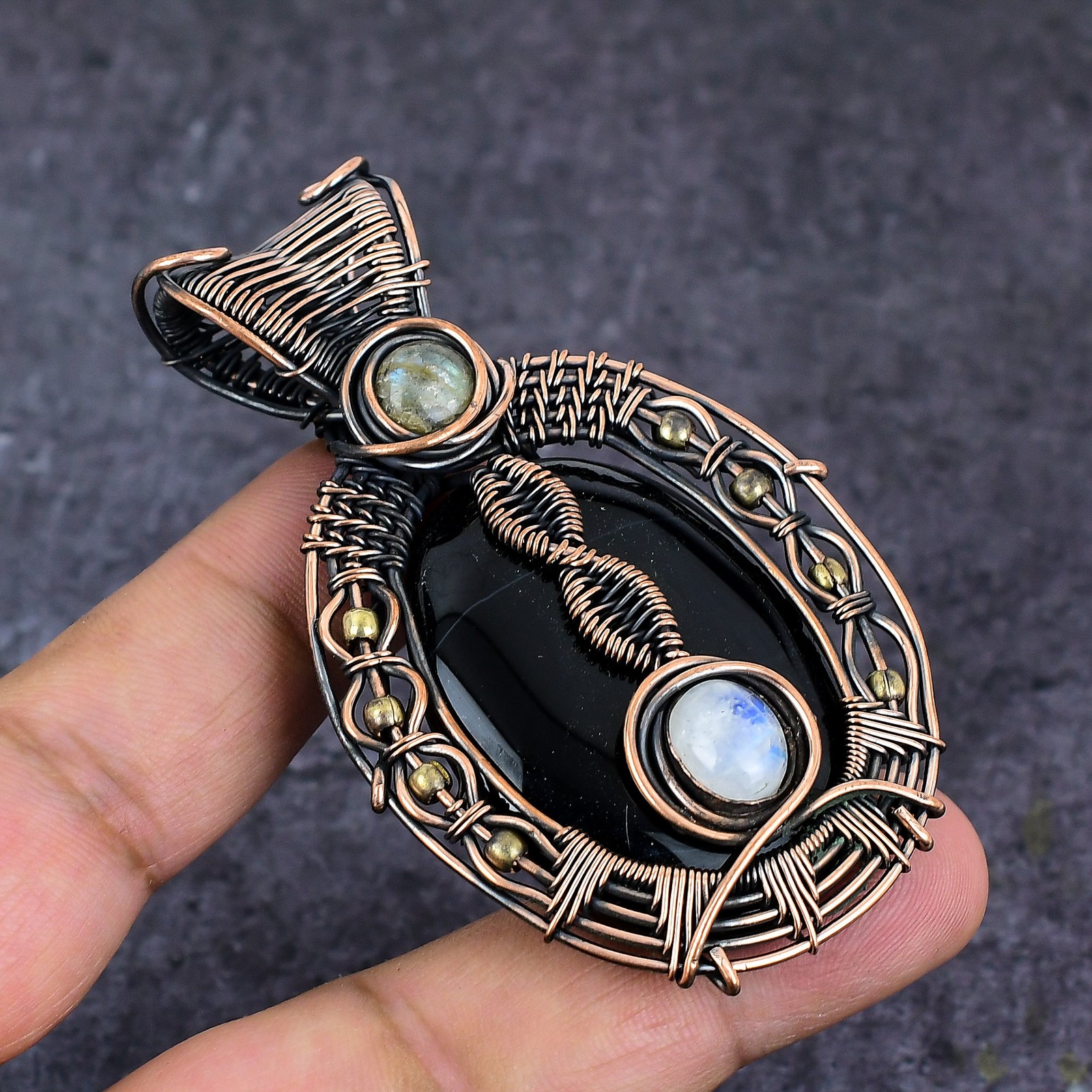 Black Onyx Gemstone Copper Wire Wrap Jewelry Pendant 2.84″ Gift for Her q382