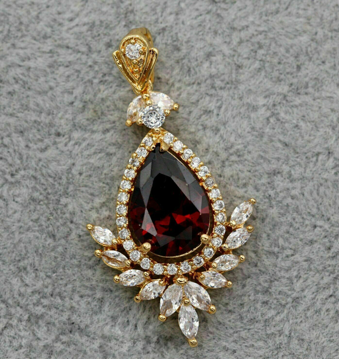 14K Yellow Gold Plated 2Ct Pear Lab-Created Garnet Halo Women’s Pendant 18″Chain