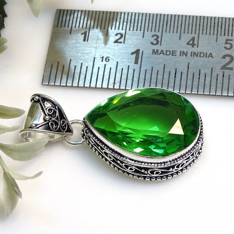 Faceted Tsavorite 925 Sterling Silver Pear Gemstone Vintage Pendant 1.9″ PG 2264