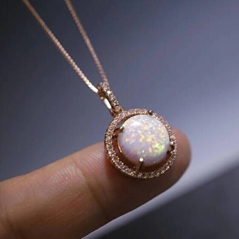 1.50Ct Round Cut Created Fire Opal Halo Pendant 14K Rose Gold Plated Free Chain