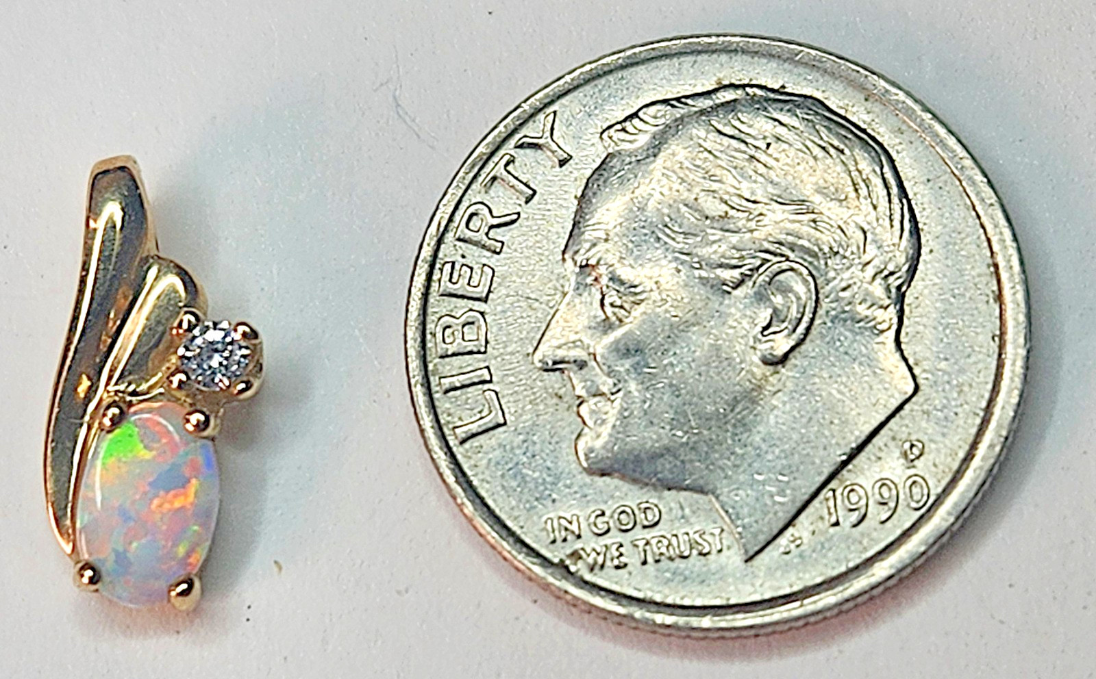 Petite 10k Yellow Gold Oval White Opal Pendant in Prong Setting Charm Pendant