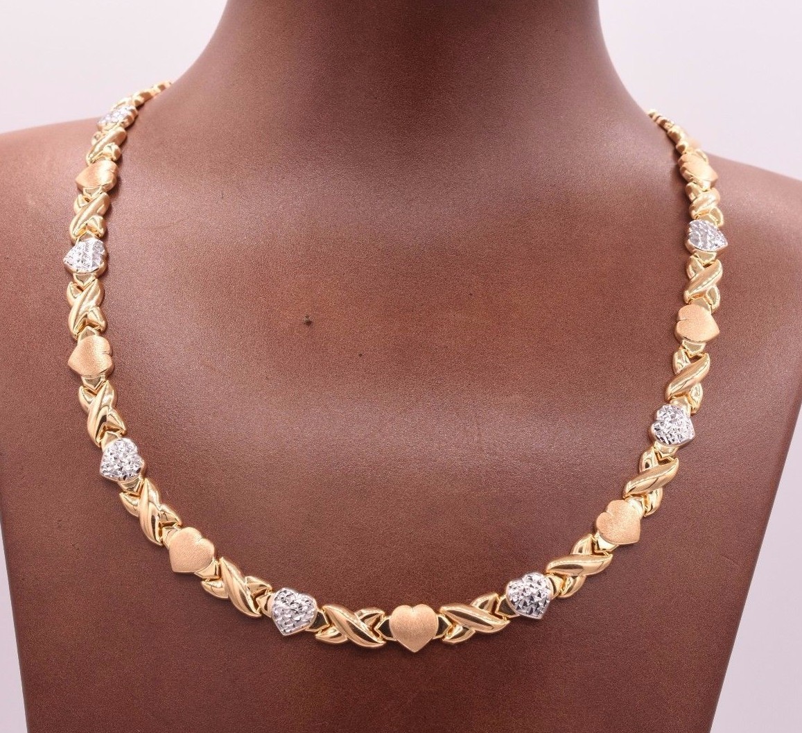 Hearts & Kisses Stampato Chain Necklace 14K Yellow White Gold Plated 925 Silver