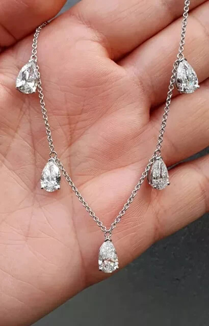 3.8Ct Pear Lab Created Diamond Five Stone Station Necklace 14K White Gold Plated