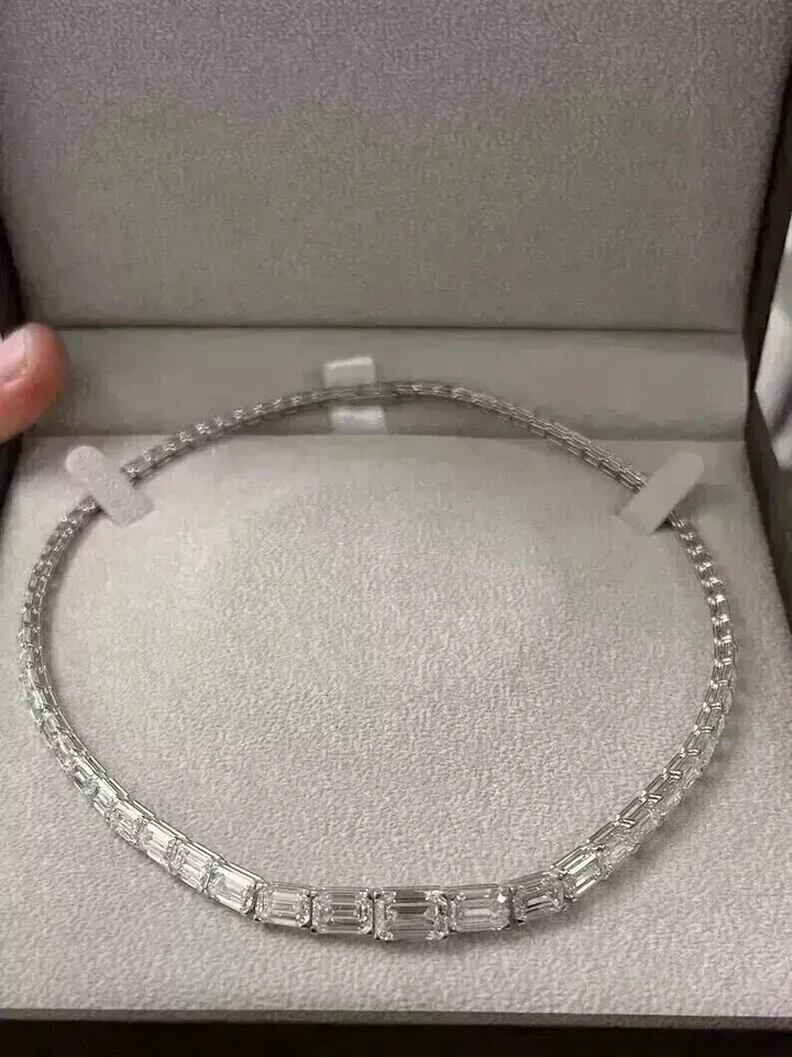 17Ct Emerald Cut Lab Created Diamond Women Tennis Necklace 14k White Gold Plated