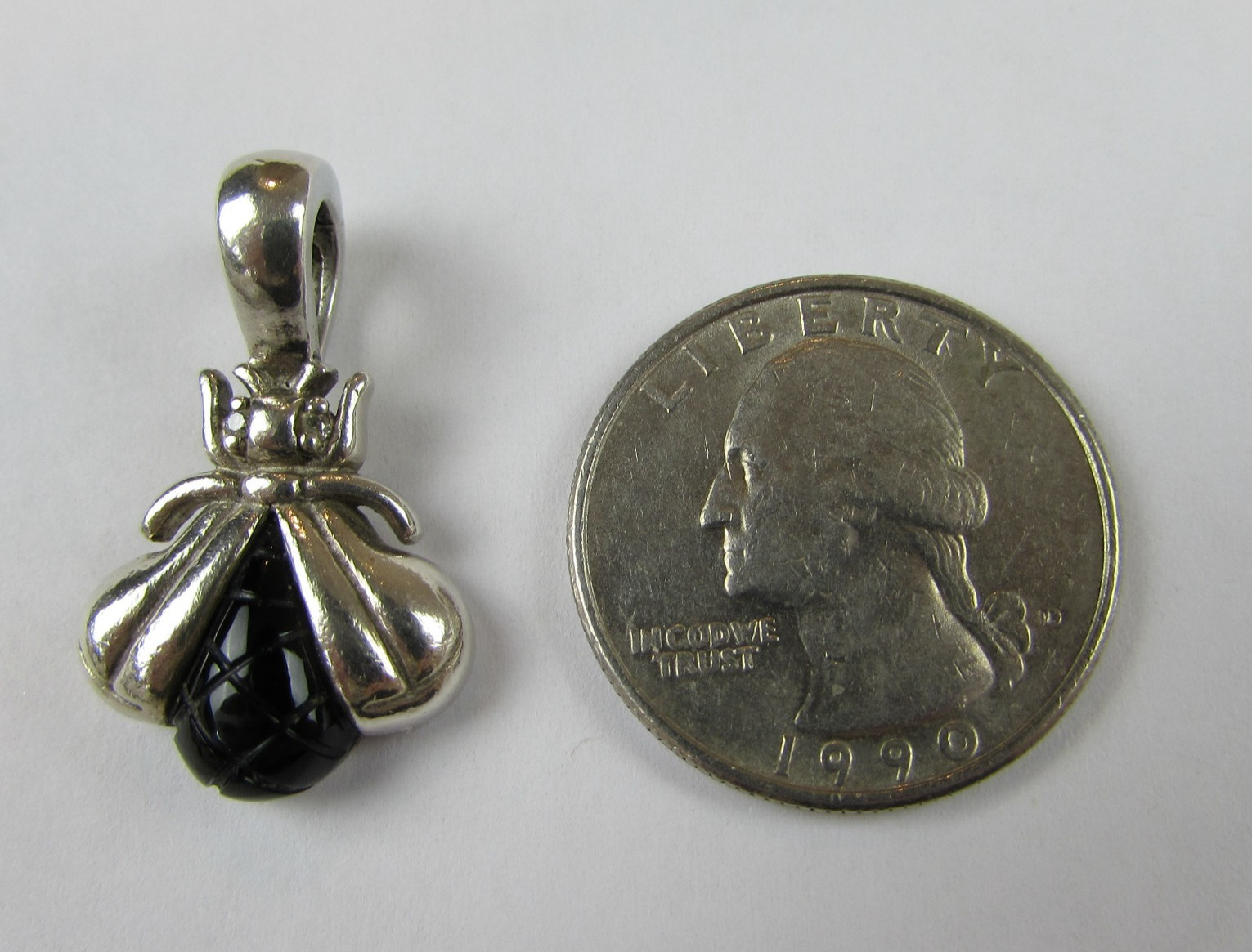 Slane & Slane Sterling Silver Onyx and Diamond Eye Bee Pendant Hinged Bail