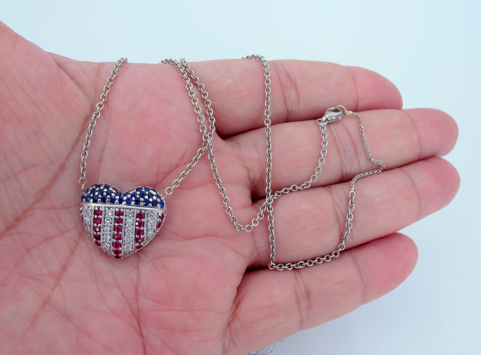 Stunning 14K White Gold Rubies-Diamonds-Sapphires Necklace 17″ Long “TC4033317”