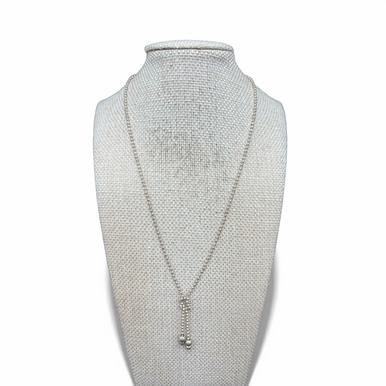 925 Sterling Silver Ball Chain Lariat Necklace Faceted Bead Drop 16-17”