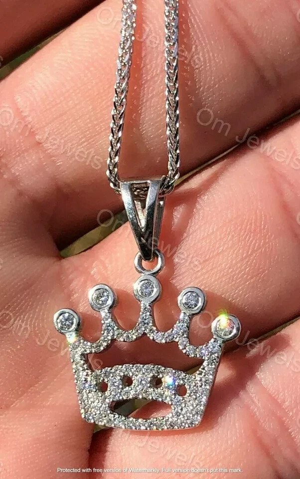 1.00Ct Round Cut VVS1/D Diamond Crown Pendant 14K White Gold Finish Free Chain