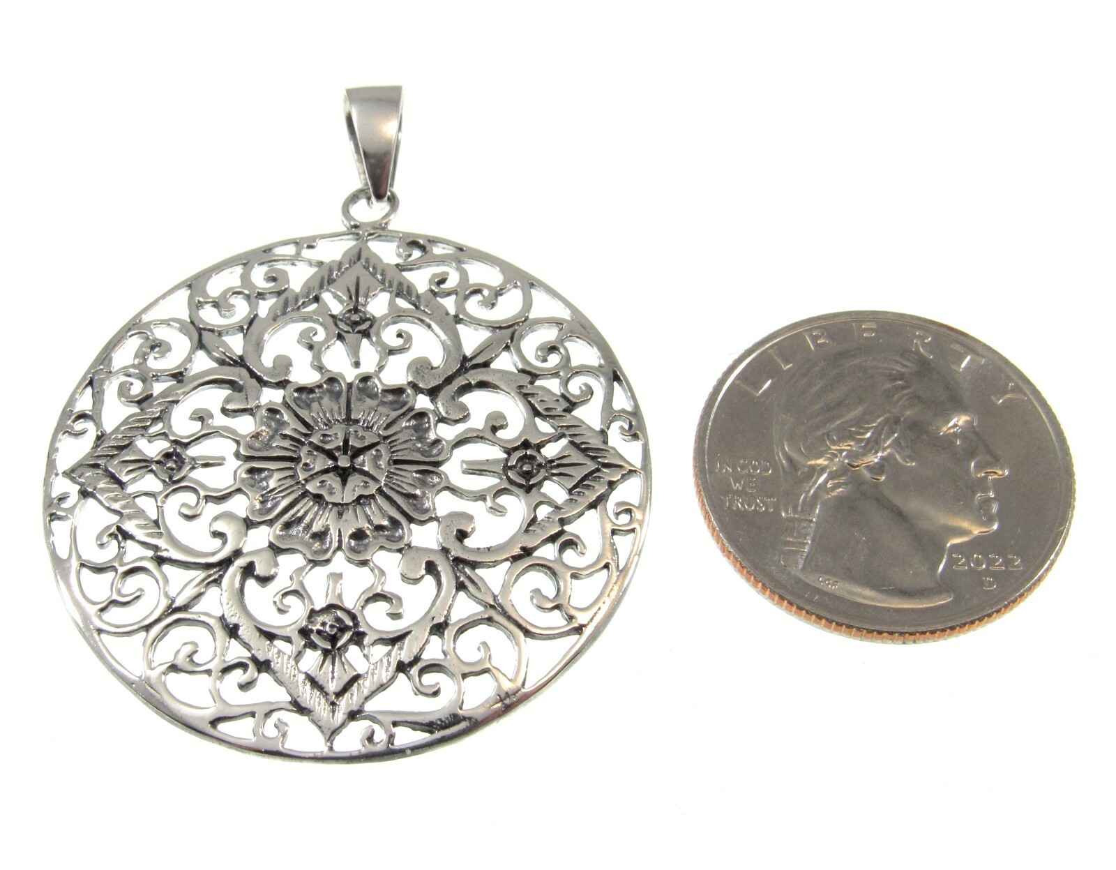 Large Handcrafted Solid 925 Sterling Silver FILIGREE FLOWER Pendant Medallion