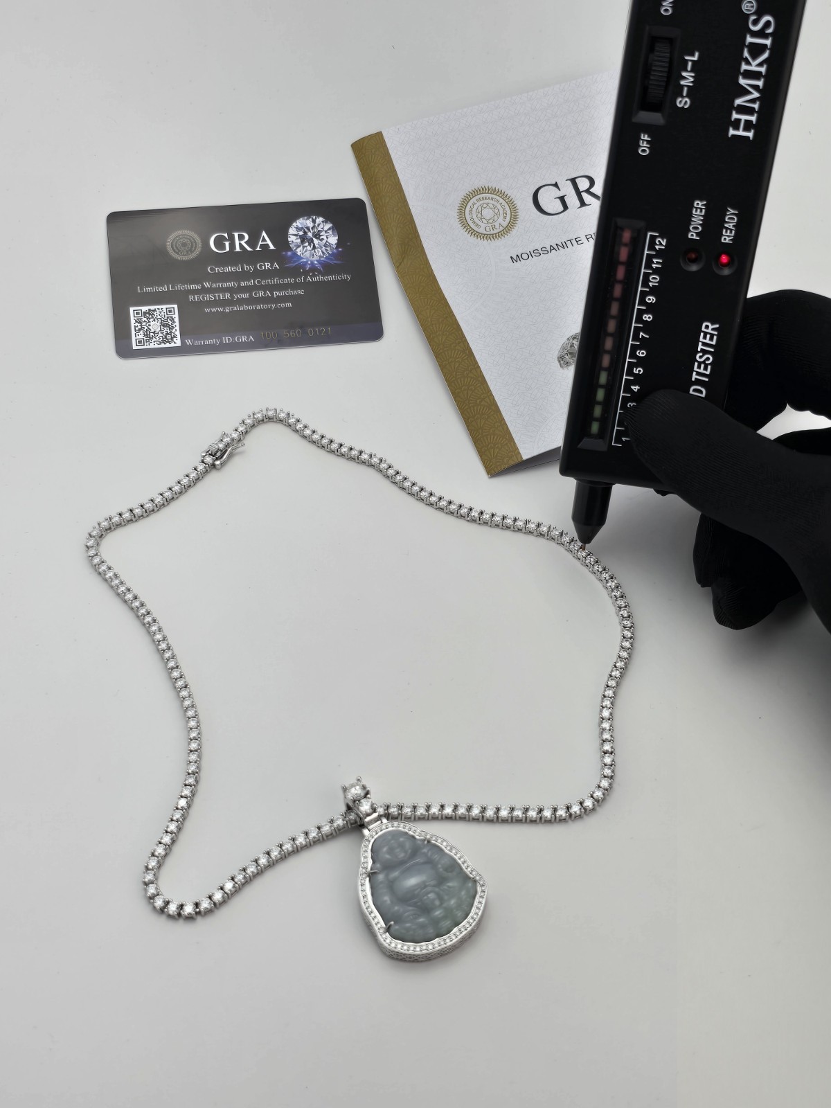 Jade Buddha Pendant Necklace VVS1 Moissanite Tennis Chain 925 Silver 22
