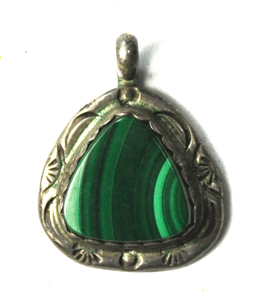 Sterling Silver Malachite Triangle Green Pendant Signed CB 27mm x 21mm