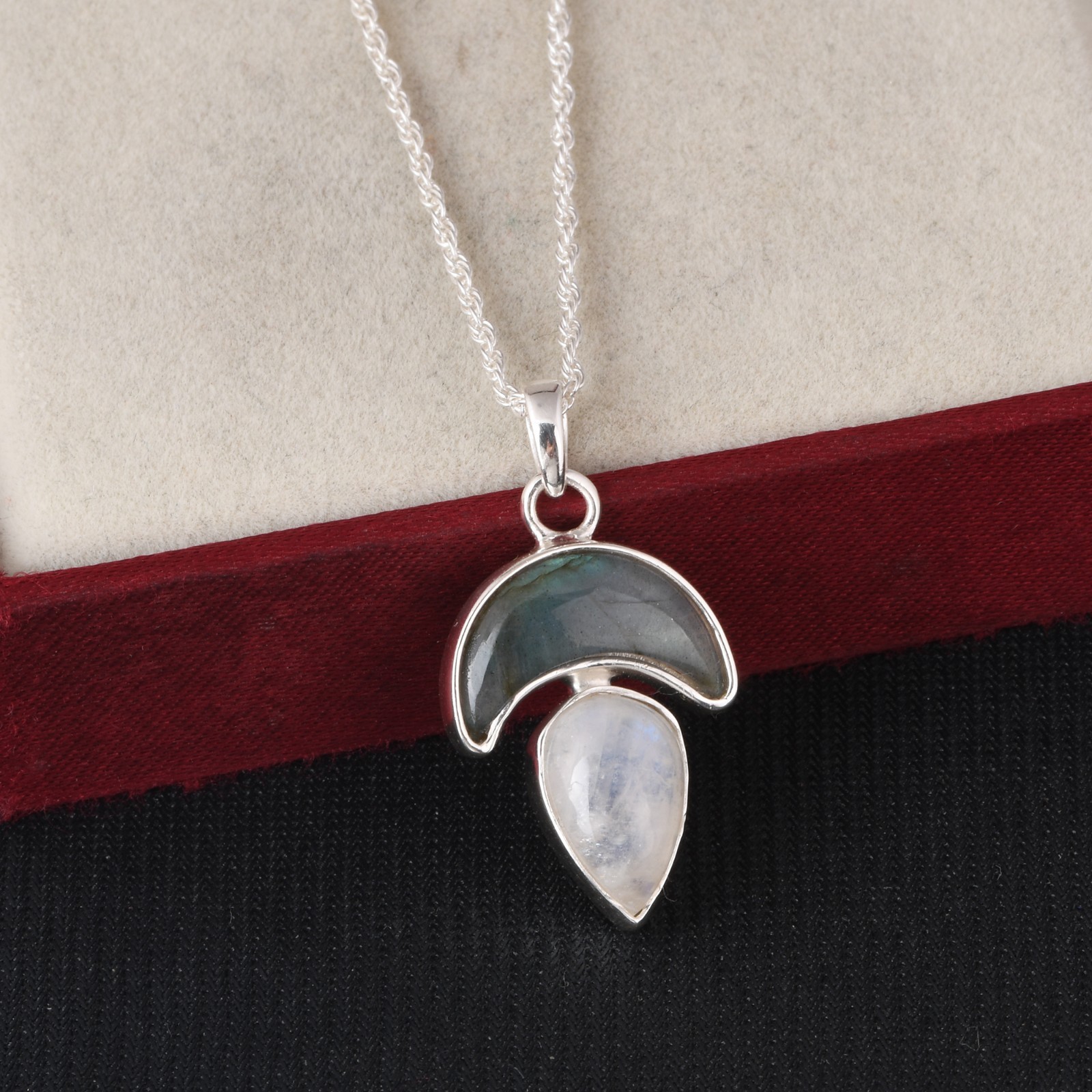 925 Sterling Silver Labradorite & Moonstone Necklace Crescent Jewelry for Gift