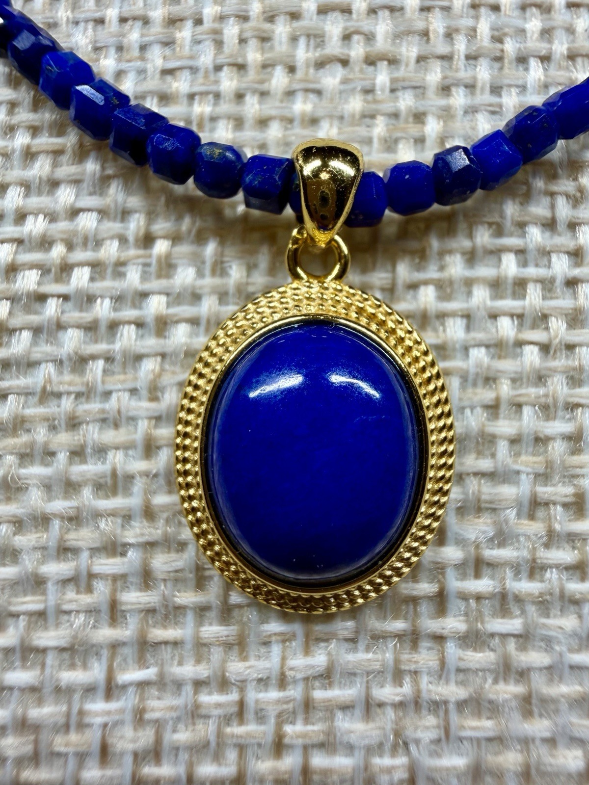 Premium Lapis Lazuli Beaded Necklace Oval Bezel Charm Pendant 925 Sterling