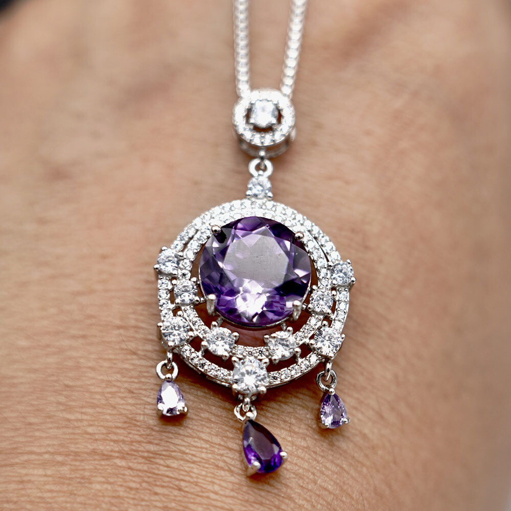 Genuine Real 925 Sterling Silver Purple Amethyst Gemstone Charm Pendant Necklace