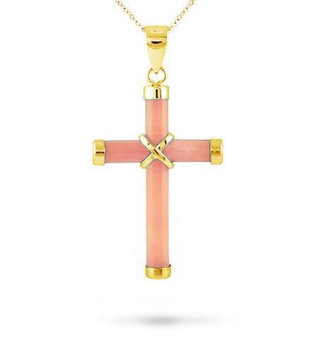 14K Yellow Gold Pink Jade Cross Religious Cross Pendant 1 1/2 Inch Drop