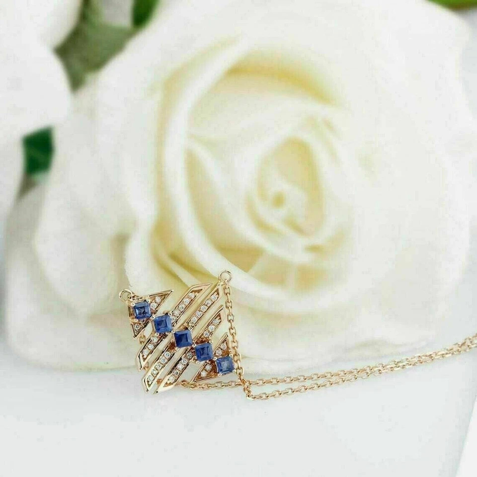 2Ct Princess Cut Simulated Blue Sapphire Unique Pendant 14K Rose Gold Finish