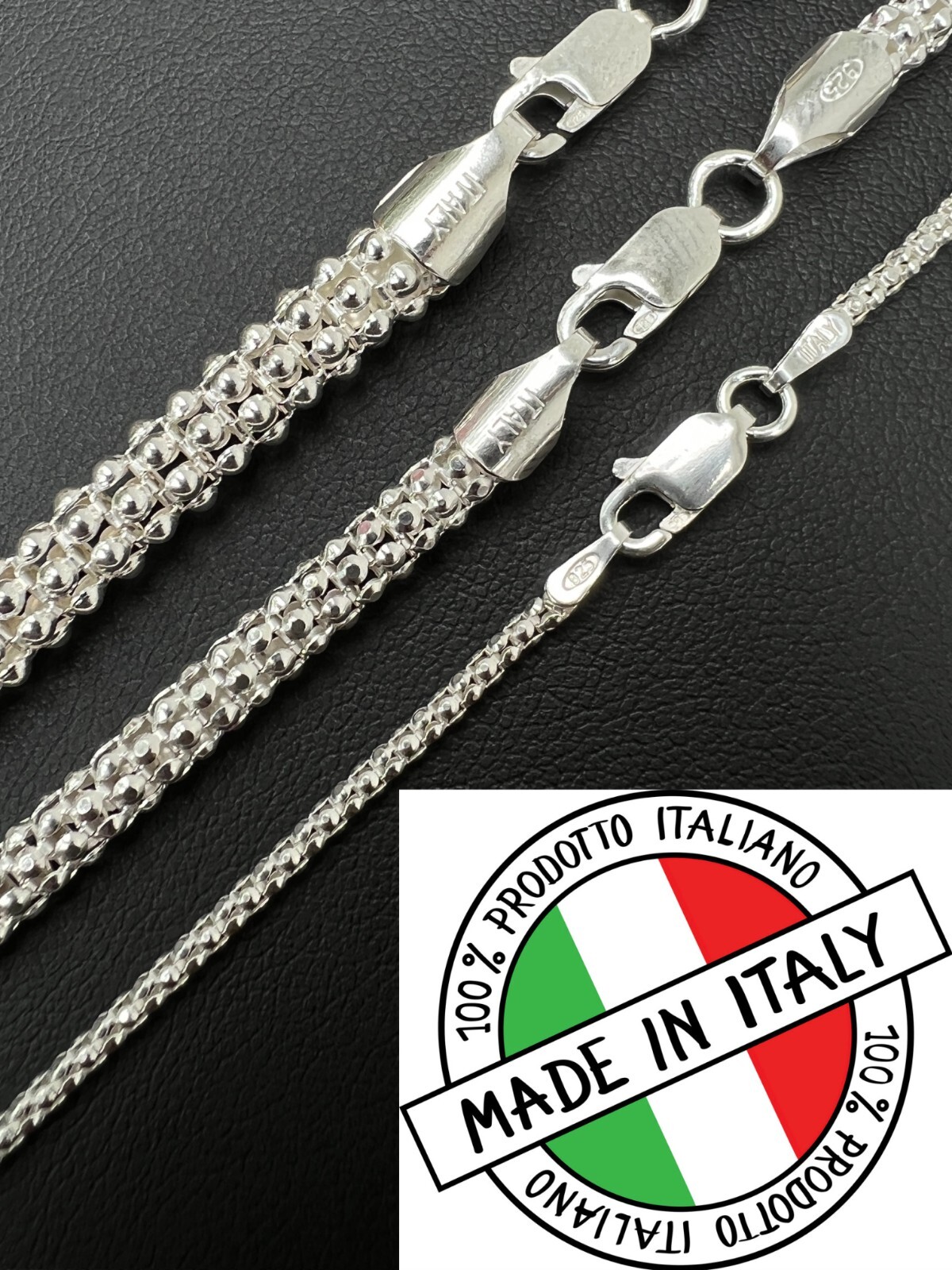 Real Solid 925 Sterling Silver Diamond Cut Popcorn Mesh Chain Necklace Coreana