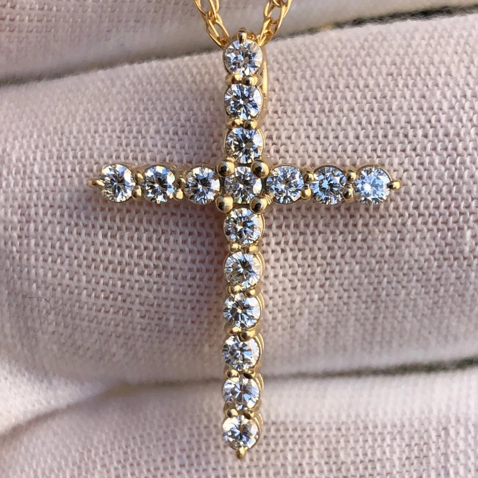 Lab Grown Diamond Real 14k Gold Cross Crucifix VS Pendant Necklace Near 1 Ct