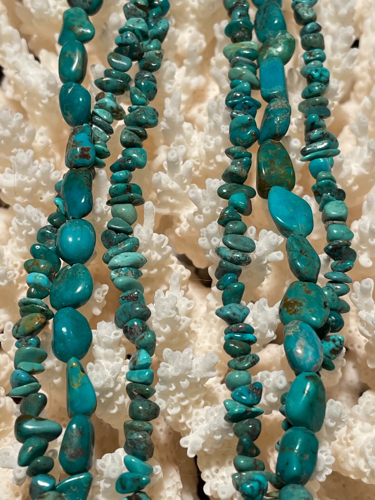 DK NATURAL TURQUOISE NUGGETS THREE STRAND & STERLING 925 ARTISAN NECKLACE