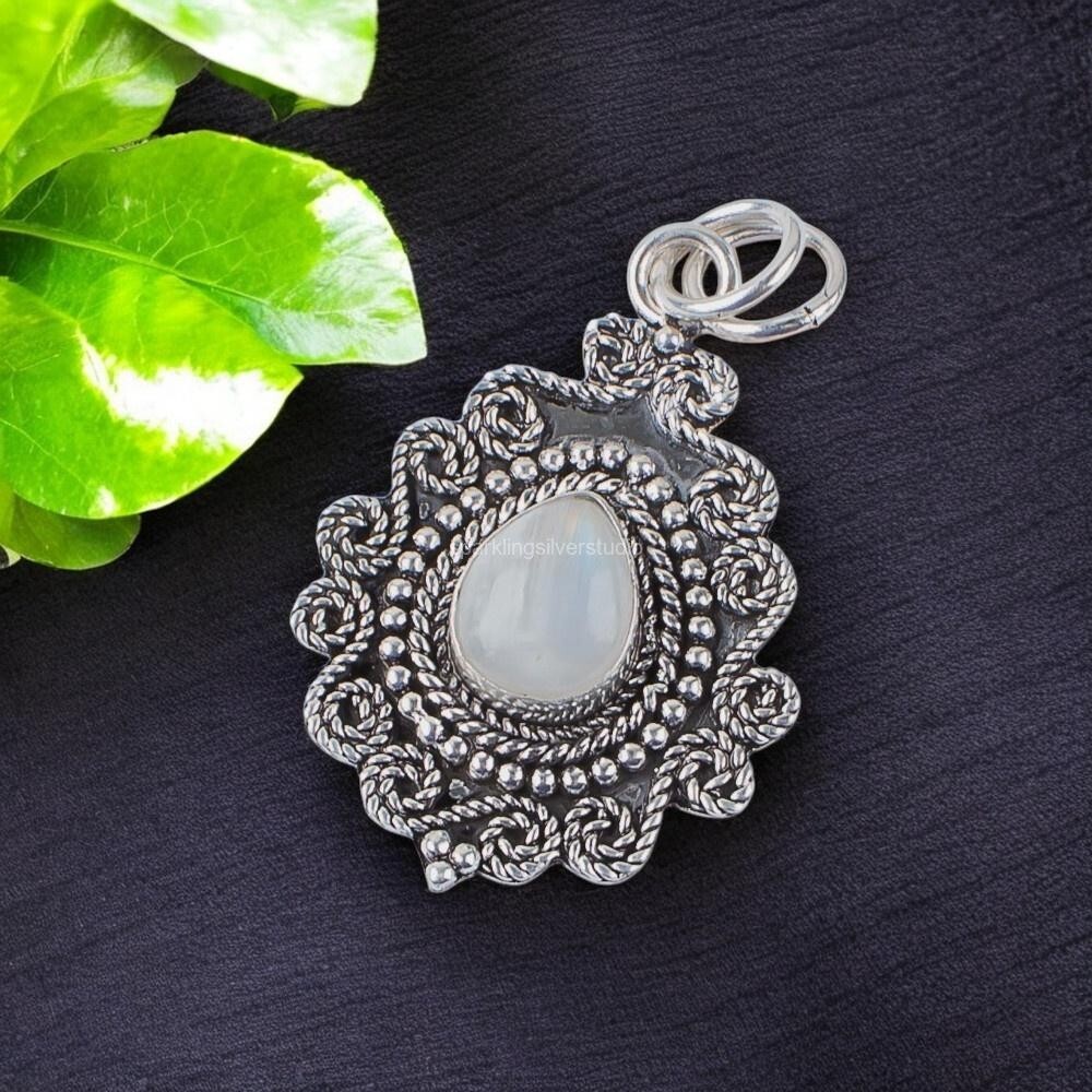 Rainbow Moonstone Gemstone Jewelry 925 Silver Handmade Pendant 1.55″ For Mother
