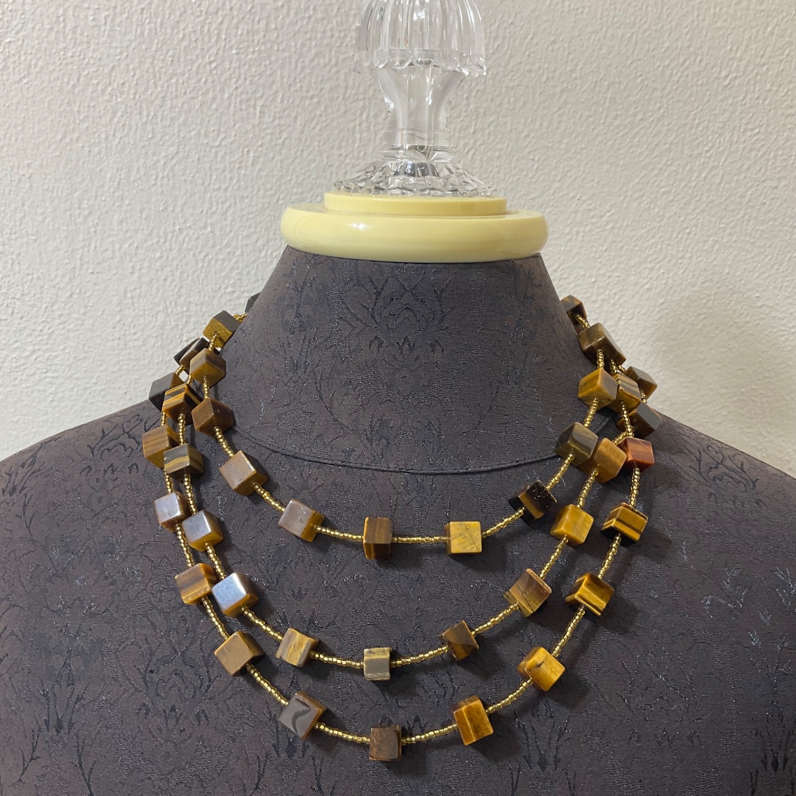 Genuine Tiger’s Eye Cube & Golden Bead Necklace Sterling Silver Toggle 64″ Long