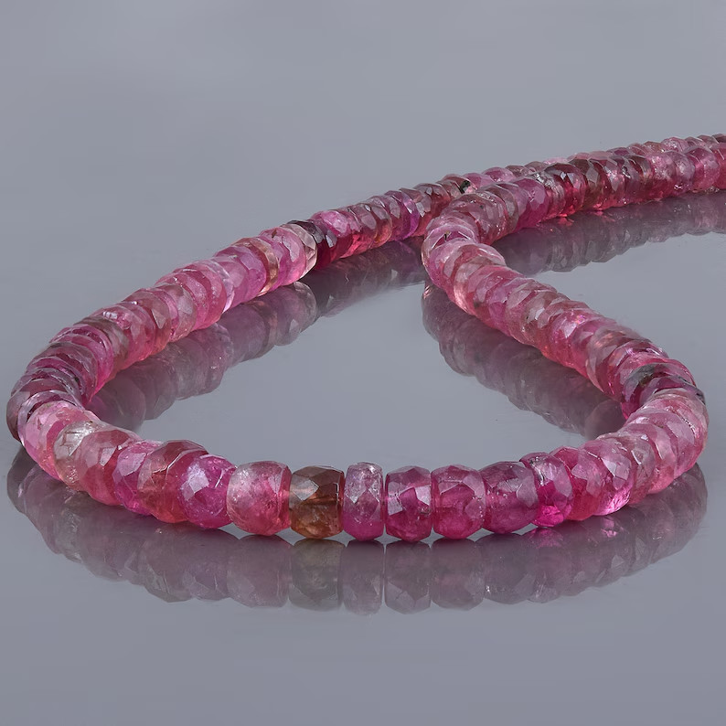 Natural Pink Tourmaline Beaded Necklace 18″ 925 Sterling Silver Handmade Gift