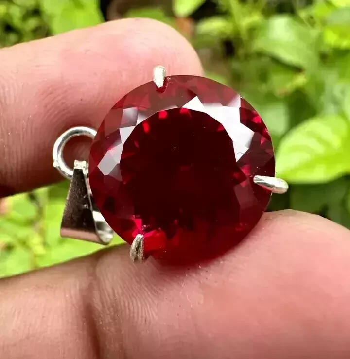 Certified Natural Red Ruby 26 CT Round Loose Gemstone 925 Solid Silver Pendant