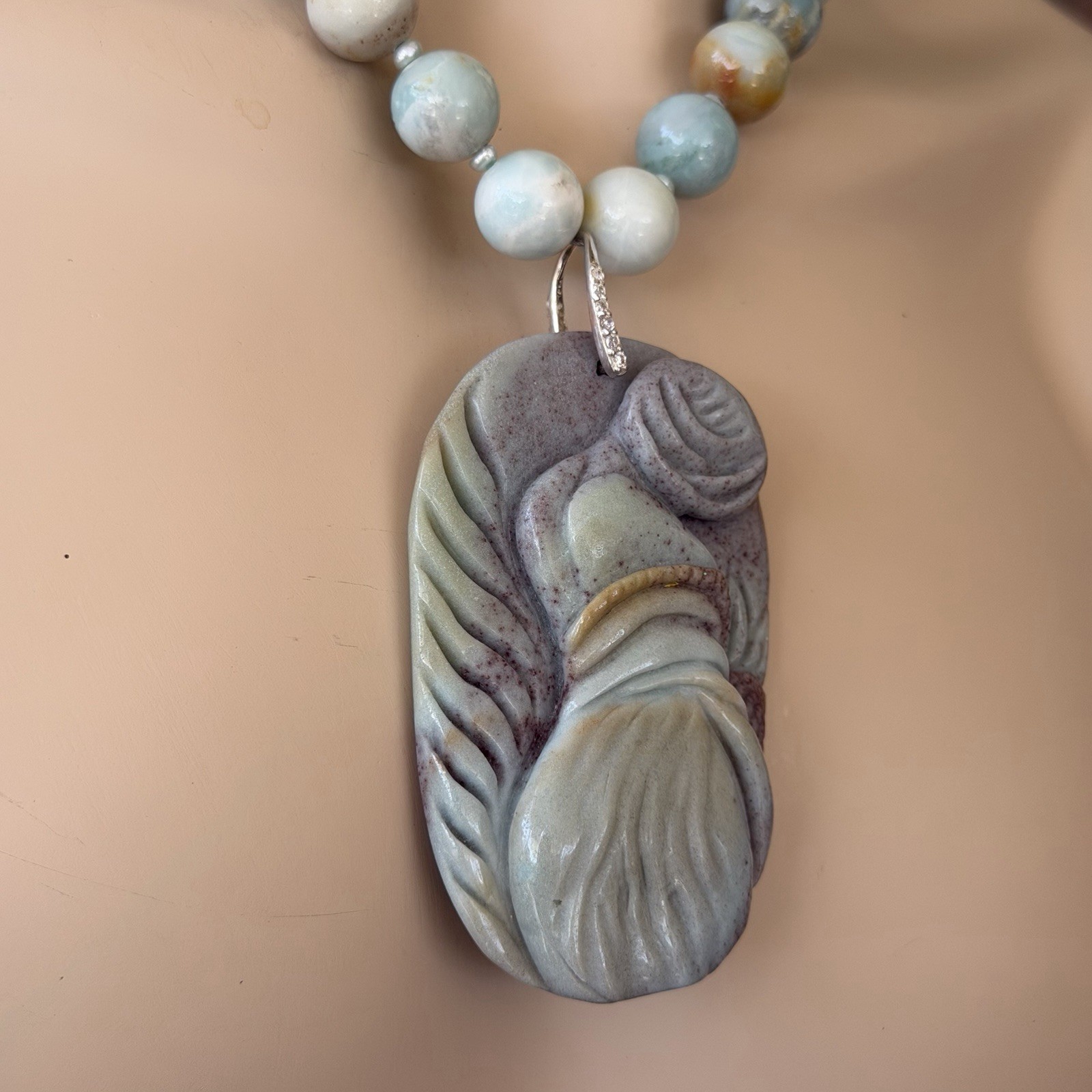 HAND CARVED NATURAL JASPER LADY PENDANT AMAZONITE PEARL NECKLACE EARRING SET