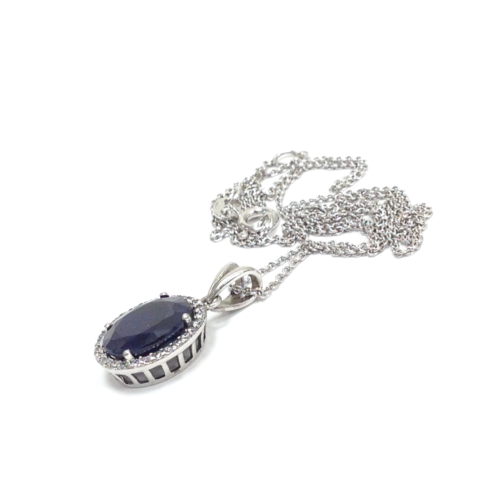 Unsigned 925 Sterling Silver Dark Blue Stone Pendant Necklace 16″ & 17″ Jewelry