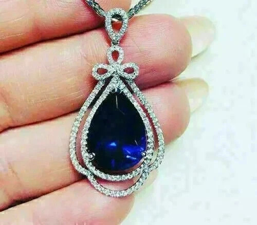 6.00Ct Pear Cut Natural Blue Sapphire & Diamond 14K White gold Luxury Pendant