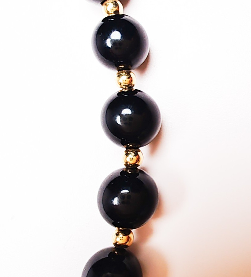 14K Yellow Gold Black Onyx Beaded Ball Necklace 29″ Long Estate 52.23g Vintage
