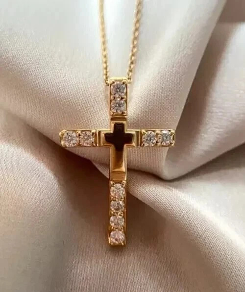 Women’s 2 Ct Round lab created Diamond Cross Pendant 14k Yellow Gold Plated